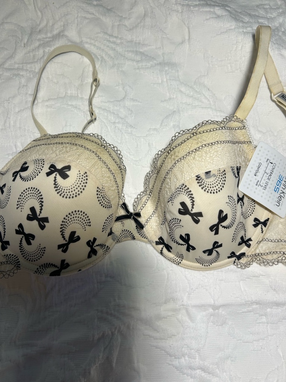 Calvin Klein Cream Bra with Black Bow Print and Lace Trim